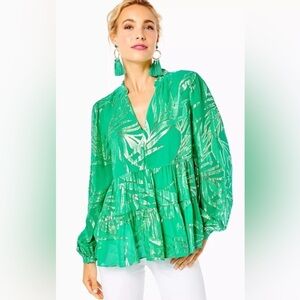 LILLY PULITZER Sarita Top Botanical Green Palm Leaf Silk Clip $198 NWT 6